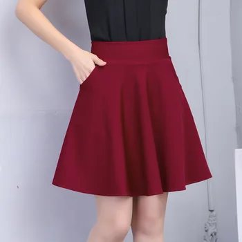 

Autumn Casual Women Solid A-Line Skirts Korean Office Lady Pockets Empire Mini Skirts Kawaii Elastic High Waist Above Knee Skirt