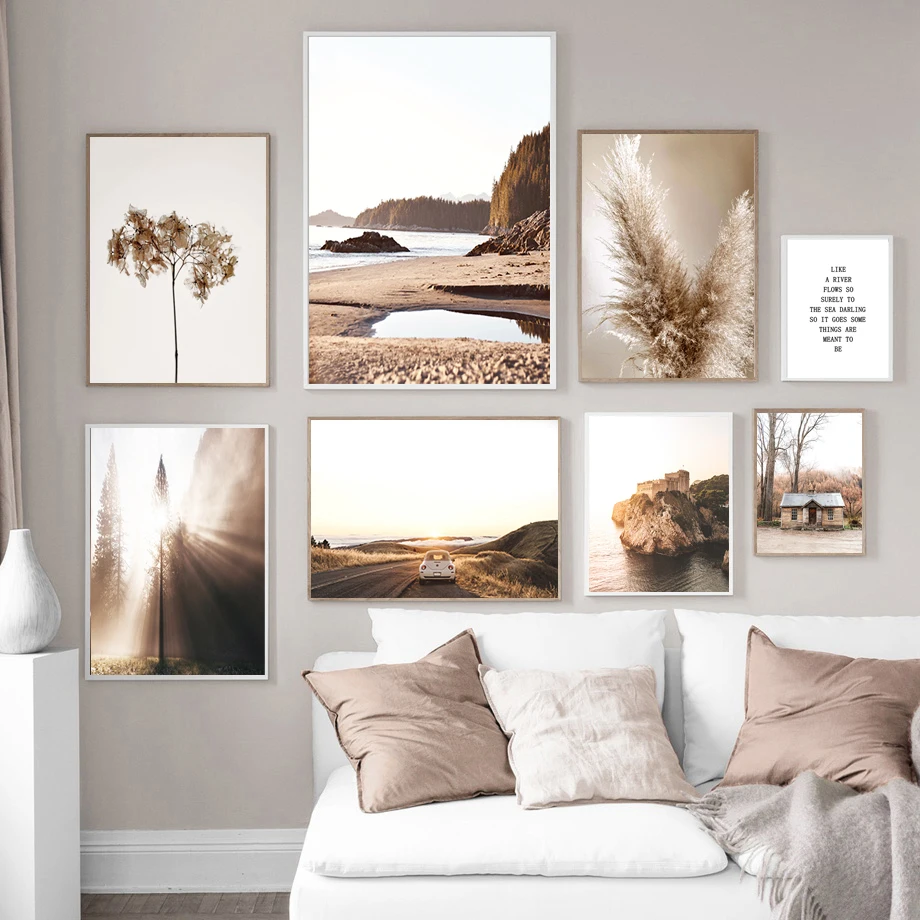 Scandinavian Nature Canvas Painting Grass Bridge Beach Sunset Wall Art Poster Nordic Print Modern Picture Home Decor