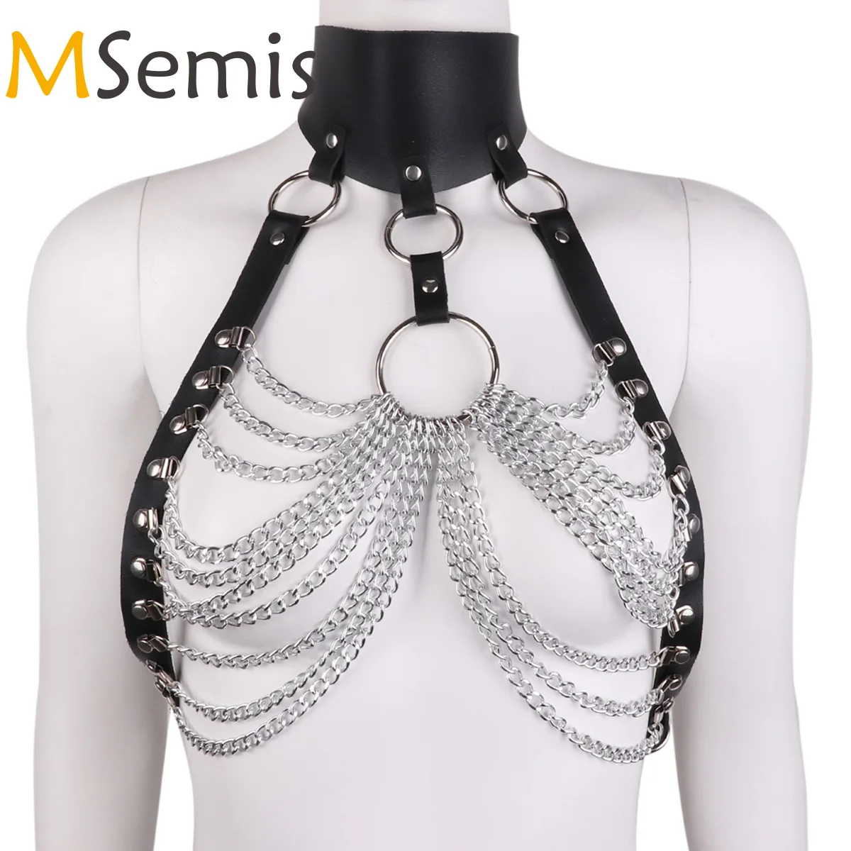 

MSemis Women Leather Cupless Bra Hollow Out Tops Adjustable Body Bust Harness Belt O-Rings Metal Chain Tassels Roleplay Costume