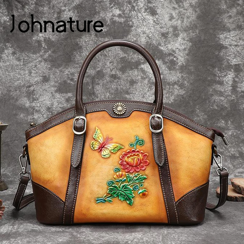 Женские винтажные вместительные сумочки Johnature из воловьей кожи с ручной росписью