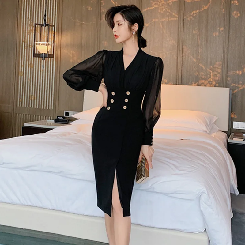 

2020 Designer Runway Dress High Quality New Fashion Party Dress Black Women's Long Sleeve V-neck Chiffon Patchwork Slit Dress