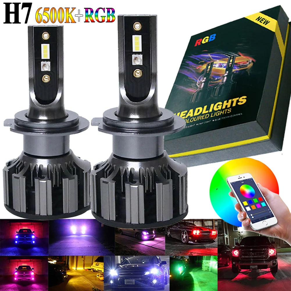 

H7 12V/24V Car LED RGB Headlight Kit Bluetooth Control Fog Lights Bulbs Module High Power COB LED Chip Voice-activated Lamps