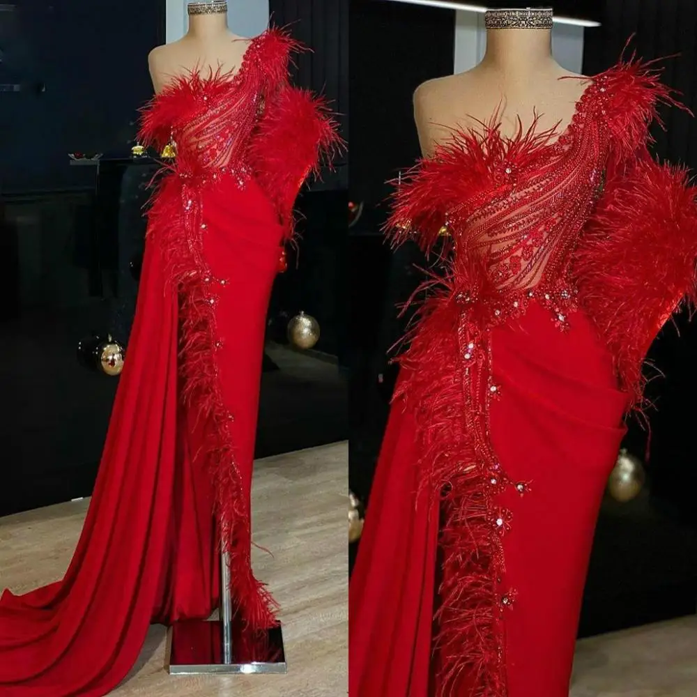 2020 Arabic Red Mermaid Prom Dresses One Shoulder Feather Beading Side Split Formal Evening Gowns Robe De Soiree Zipper Back short formal dresses Prom Dresses