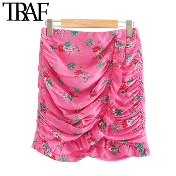 

TRAF Women Chic Fashion Floral Print Draped Mini Skirt Vintage High Waist Back Zipper Ruffled Female Skirts Mujer