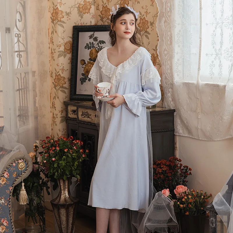 Ночное белье женское кружевное платье для сна старинные ночные рубашки викторианское розовое с v-образным вырезом Ночная рубашка плюс размер ночнушка - Цвет: Blue