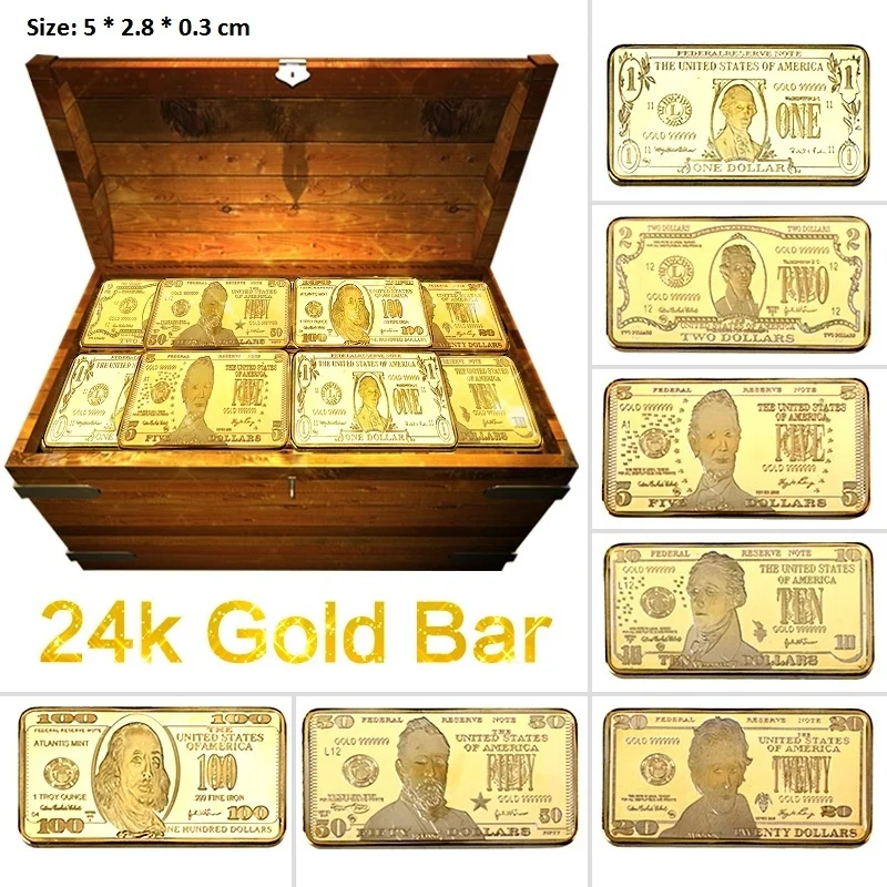 24K Gold/Серебрянные хромированные длинные бар/отделение для монет US Долларовые