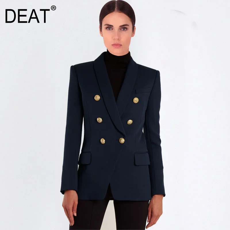 

DEAT Dark Blue Long Sleeve Double-breasted Metal Lion Head Button Ladies Office Blazer Femme Fashion 2020 Autumn Coat New TV842