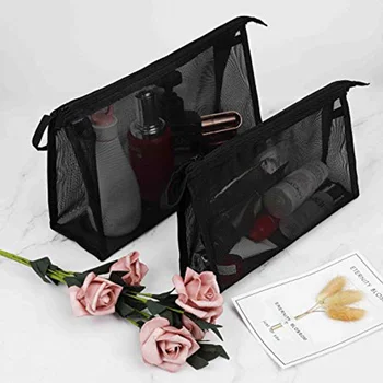 

Ladies Simple Mesh Makeup Bag Neceser Maquillaje Black Lightweight See-Through Zipper Pouch Travel Cosmetic Toiletries Organizer