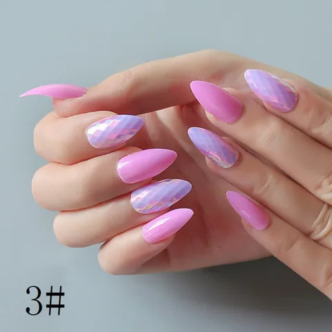 3D Shining Laser Diamond Scales Fake Nails Full Cover Long Almond Detachable False Nails Manicure Decoration Tools