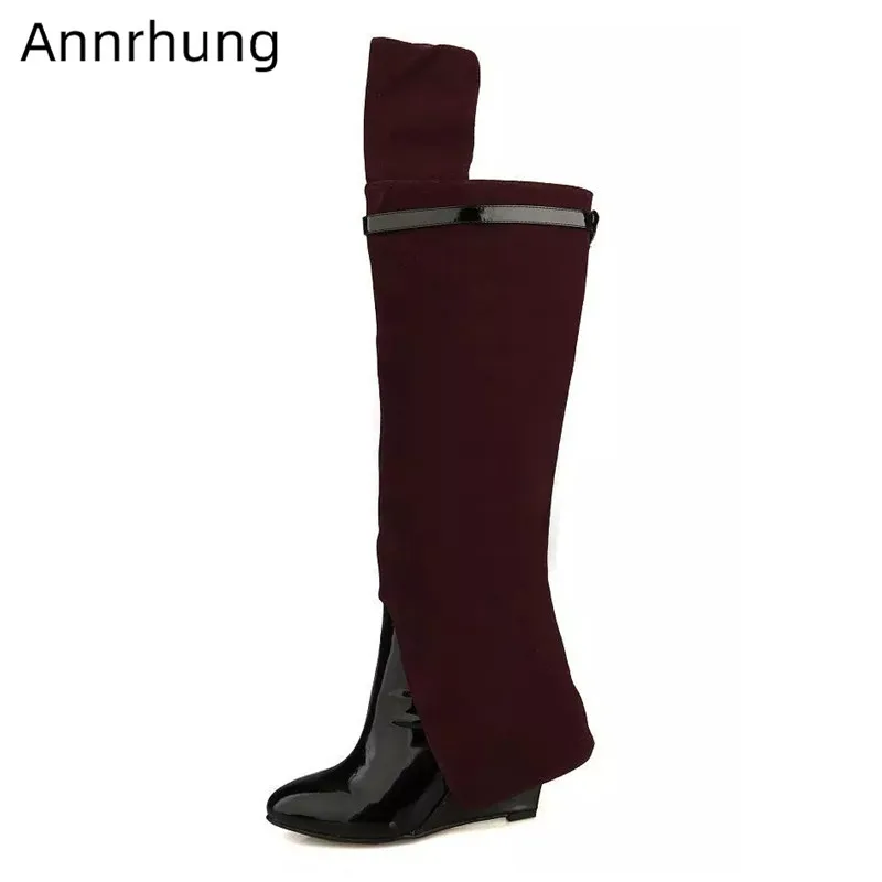 

2020 Chic Fold-over Boots Women Slip On Decor Narrow Belt-buckle Bottes Round Toe High Wedges Heel Botas Multy Color Boots Woman