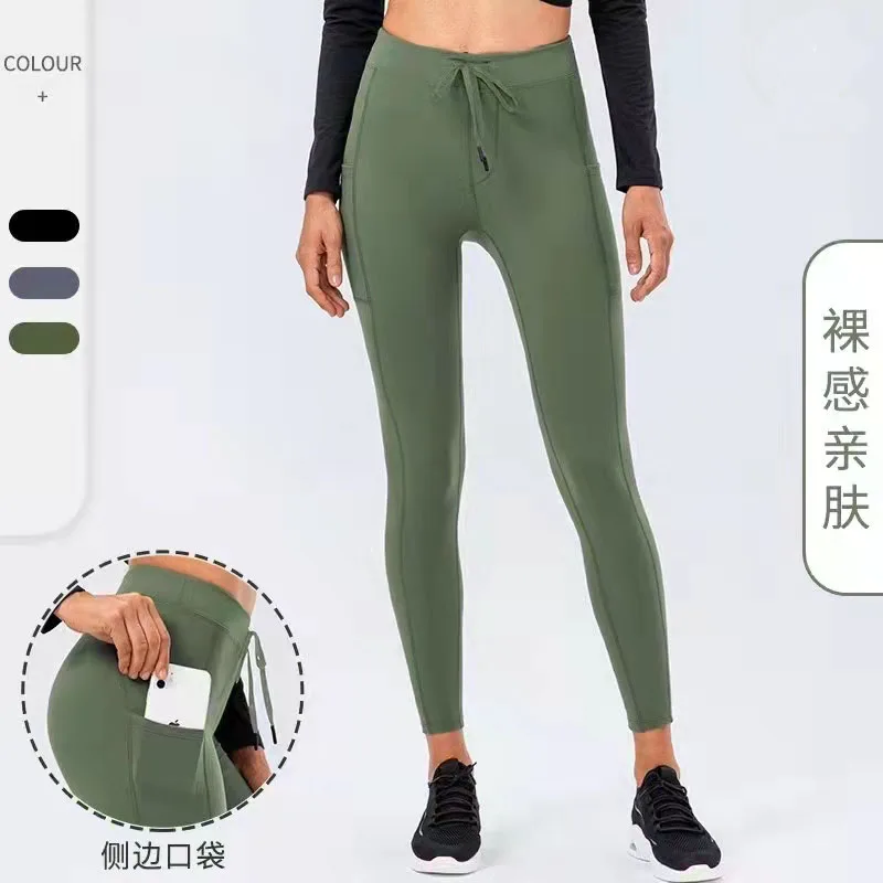 lulu21FW new double-sided sanding nude women's yoga pants drawstring hips and tight-fitting high-quality fitness trousers leggings