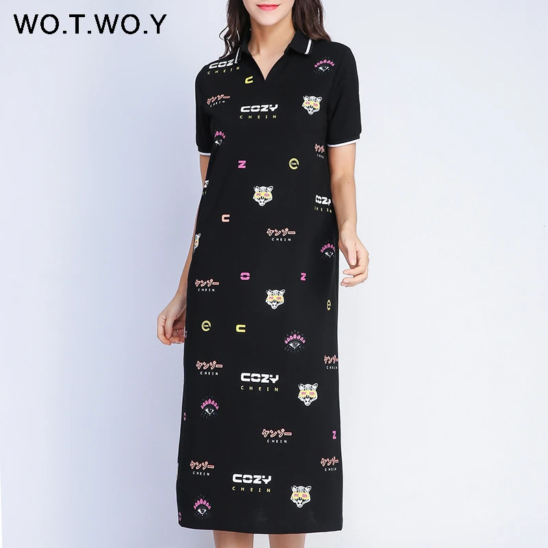 WOTWOY 2020 с летним принтом длинное платье для женщин Большие размеры поло Стиль
