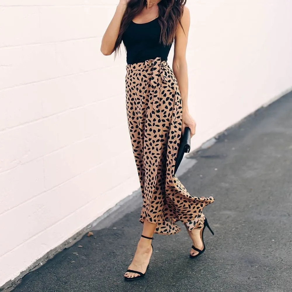 Fashion Women Lace Up Polka Dot Skirt Belt High Waist Split Skirt Asymmetrical Bow Maxi Skirt