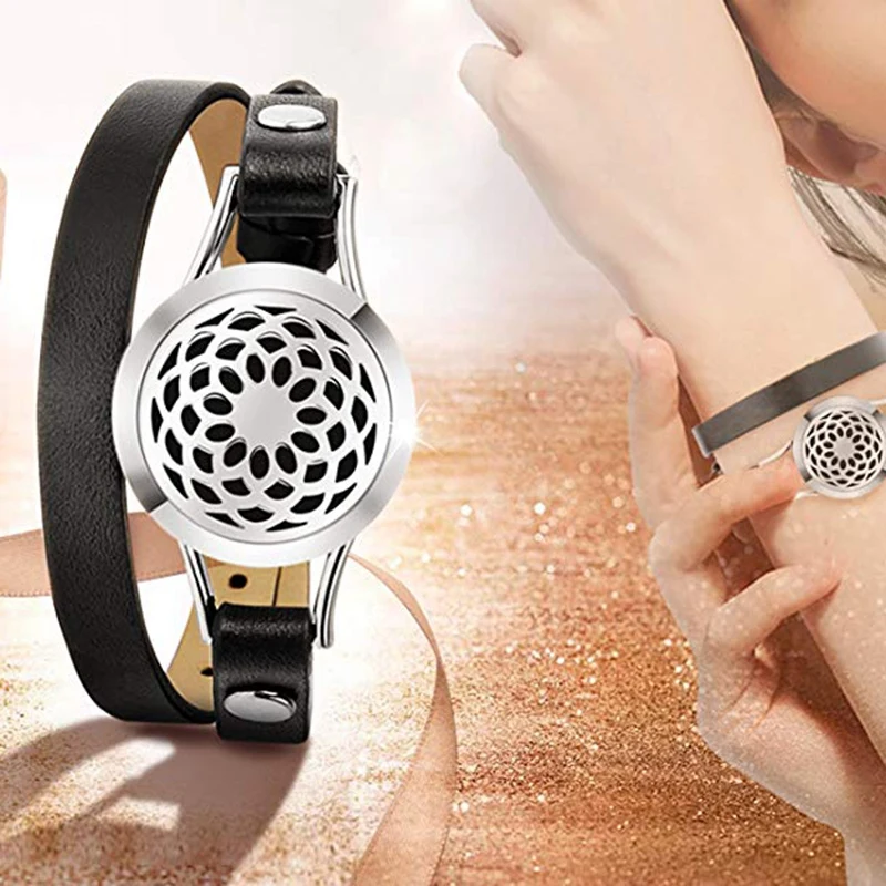 Portable Essential Oil Diffuser Bracelet Stainless Steel Aromatherapy Locket Bracelets Leather Band With 8 Color Pads Girls Wome