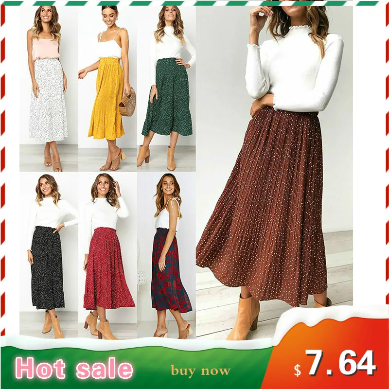 

White Polka Dot Floral Pleated Skirt Female Elastic High Waist Side Bag Pleated Skirt Summer 2020 Elegant Women's Bottom