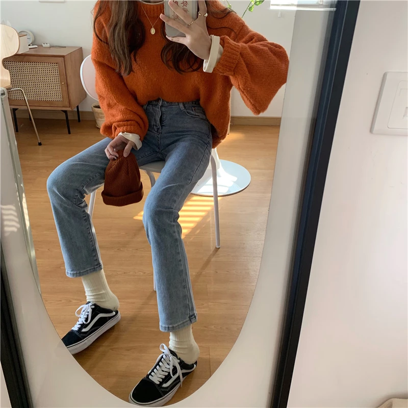 

Light-colored jeans women's loose straight pants and small feet pants autumn high waist slimming High students Joker pants