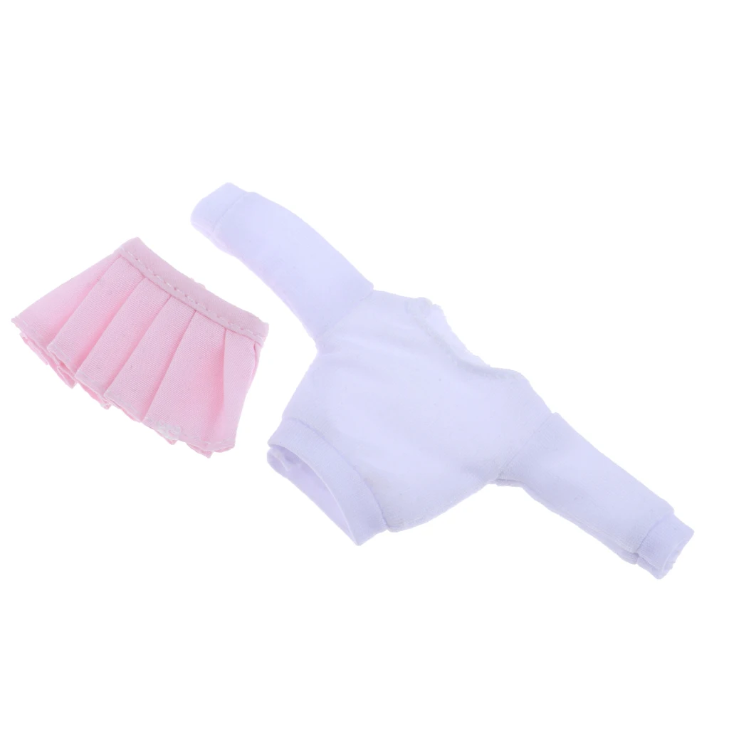 1/12 Scale Women T-shirt & Pink Pleated Skirt Long Sleeve Mini Skirt for BJD Action Figure Clothing Body Outfit Toy Accessory