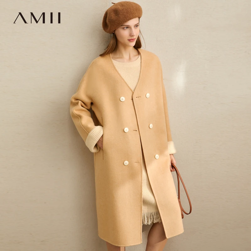 

Amii Winter Women Minimalist Woolen Coat Female Casual Double-sided Double-sleeve Belted Mid Long Coat 11920242
