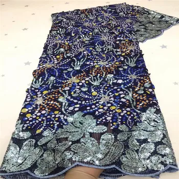 

2021 blue Flower Pattern Sequins Lace Fabrics Embroidery African French Tulle Lace Fabrics Sequence Laces Nigerian Mesh Lace