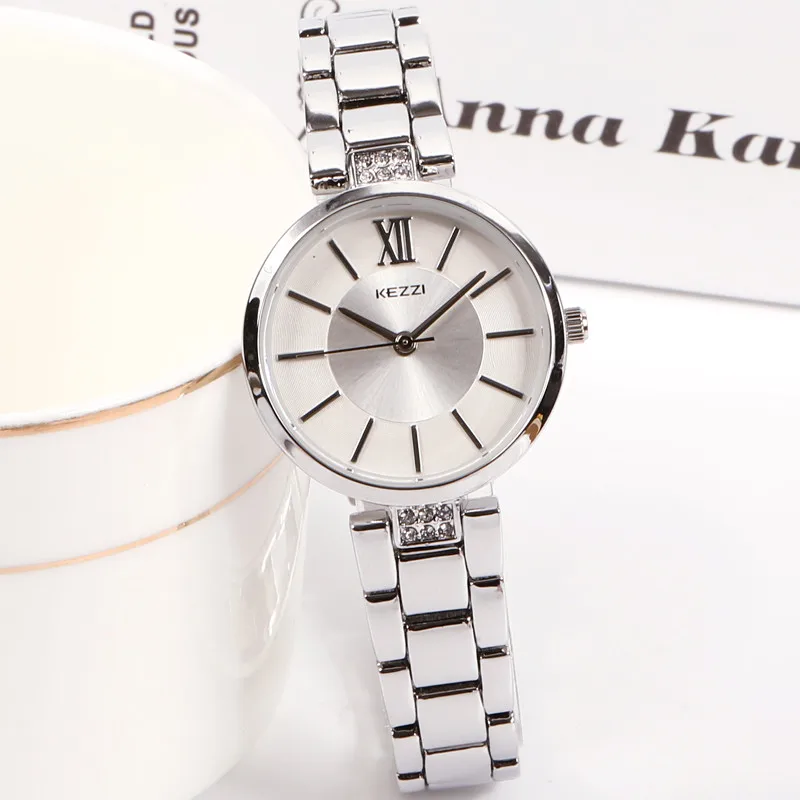 Silver white KEZZI лучший бренд класса люкс для женщин часы из нержавеющей стали ремешок водонепроницаемый Мода розовое золото женские наручные часы ретро браслет часы - Цвет: Silver white