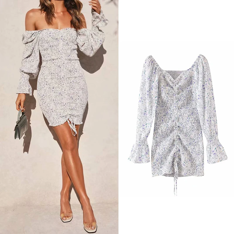 

Women dress za 2020 square neck floral print dress long sleeve bodycon mini dress boho beach dress