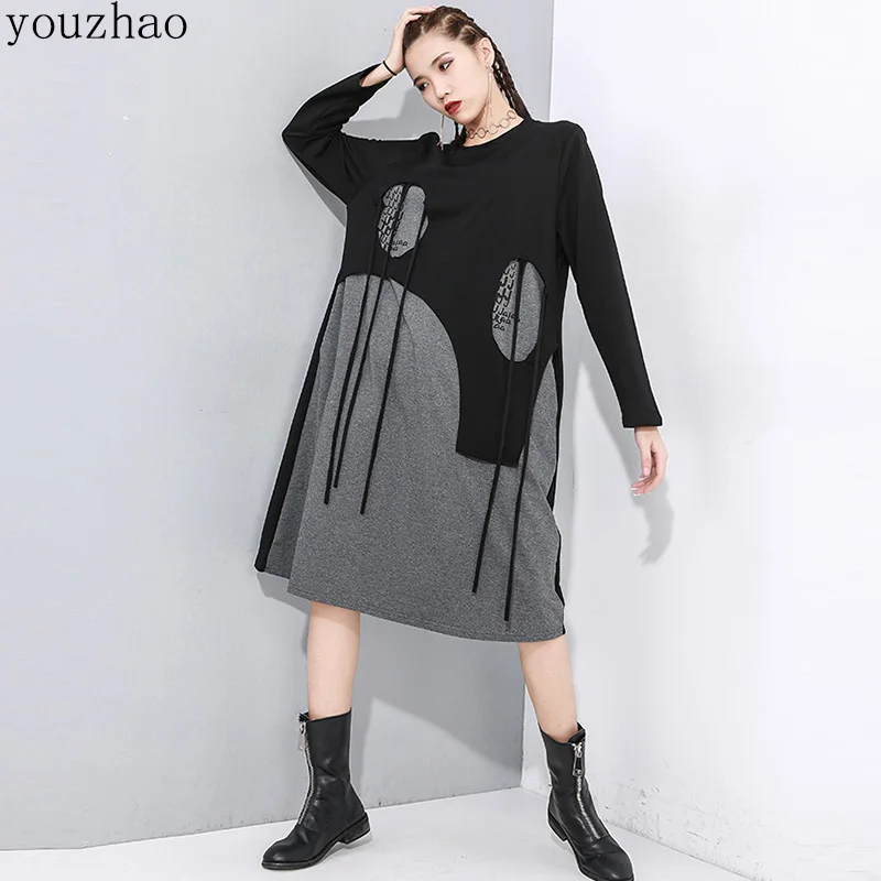 

2020 Spring O-Neck Hedging Stitching Dress Solid Color Fashion Tops Dark Black Personality Large Size Mid-Length Women'S Dresses