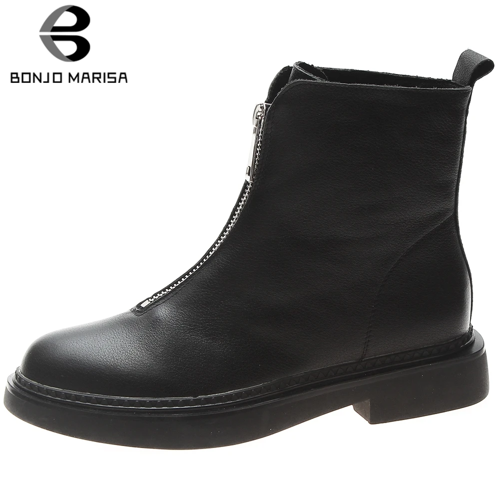

BONJOMARISA New Brand Design Zipper Booties Ladies Genuine Leather Ankle Platform Boots Women 2020 Casual Low Heel Shoes Woman