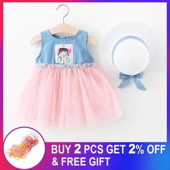 

Baby Girls Dresses with Hat 2020 Newborn Summer Kids Denim Toddler Girls Princess Voile Sleeveless Dress Sundress Clothing
