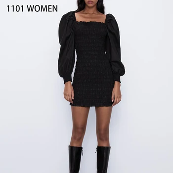 

2020 NEW Spring women dress black slash neck long lantern sleeve above knee dresses female casual sexy fashion clothes