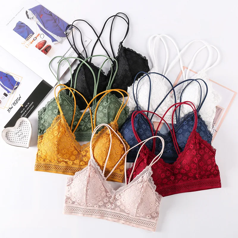 

Lace Backless Vest Lingerie Fashion Floral Spaghetti Strap Seamless Padded Bralette Intimates Women V Neck Classic Bra