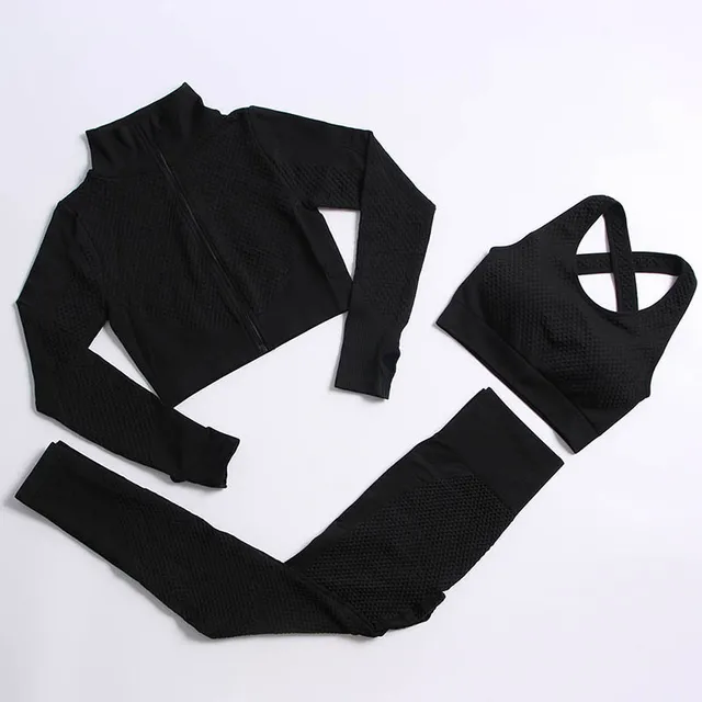 Yoga Set Workout Gym Clothing Fitness For Women's Tracksuit Outfit Leggings Sport Bras Top Long Sleeve Women Sportswear Suit 3 Pcs set black
