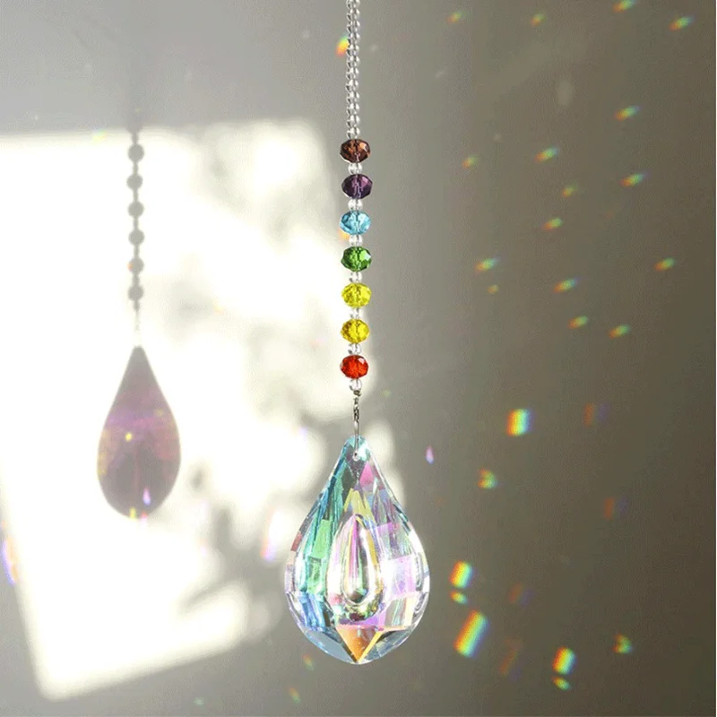 1PCS Colorful Water Drop Crystal Prism Pendant Rainbow Chandelier Pendant Decoration Crystal Bead Curtain Car Decoration
