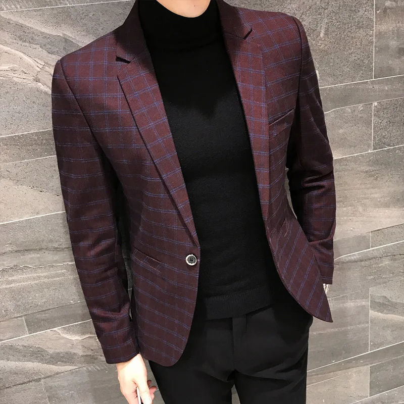 wine red Клетчатый блейзер с одной пуговицей, для мужчин, приталенный, 3 цвета, винтажный, Деловой, Повседневный, Мужской Блейзер, Terno Masculino, стильные блейзеры - Цвет: wine red