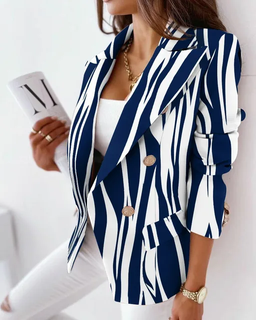 Autumn 2021 new Women Geometric Print long sleeve Buttoned Front Blazer Jacket Office Lady Blazer 4