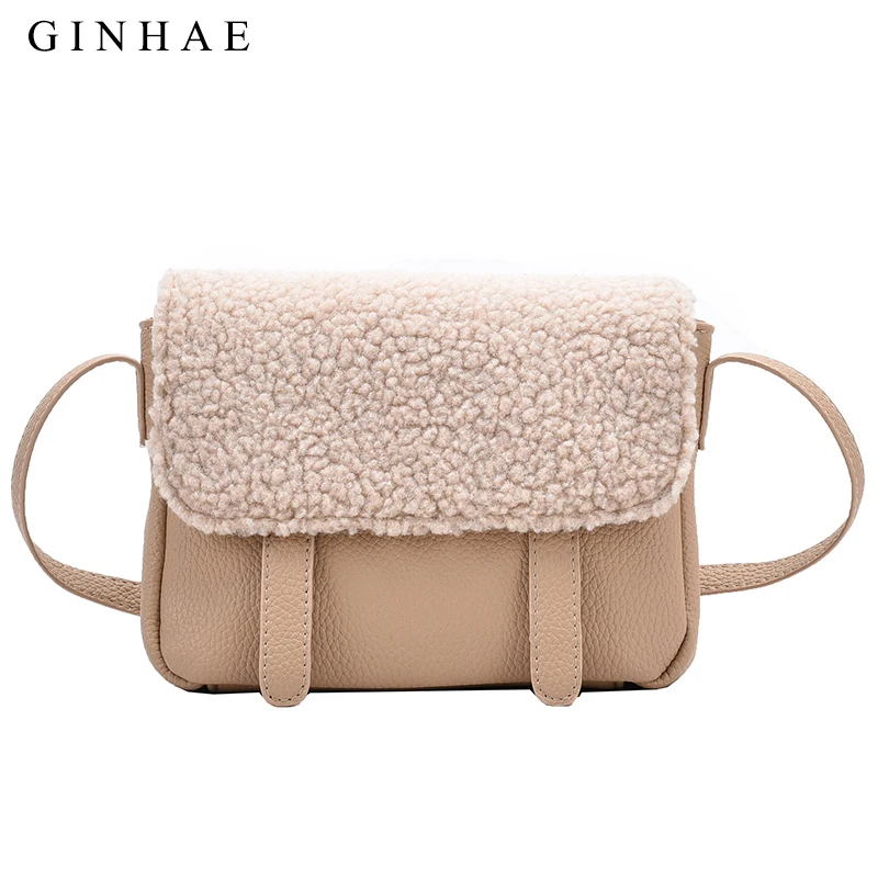 

Ginhae Lambswool Shoulder Messenger Bag Women Luxury Patchwork Handbag Fashion Leather Small Square Bag Elegant Crossbody Bag