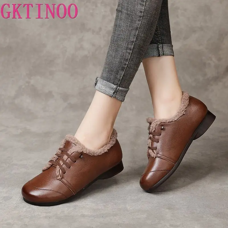 GKTINOO Women's Moccasins Winter Warm Wool Ladies Flats Genuine Leather Shoes Soft Soled  Woman Loafers Non Slip Female Footwear