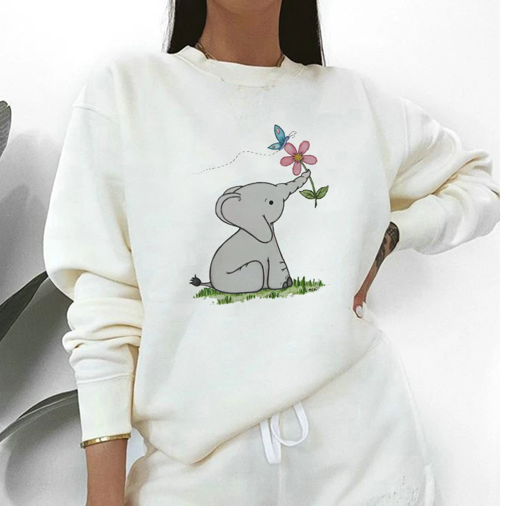 

Winter Streetwear Women Hoodies Little Elephant and Flowers Print Long sleeve Sweatshirts Cute Style O-neck White Hooded