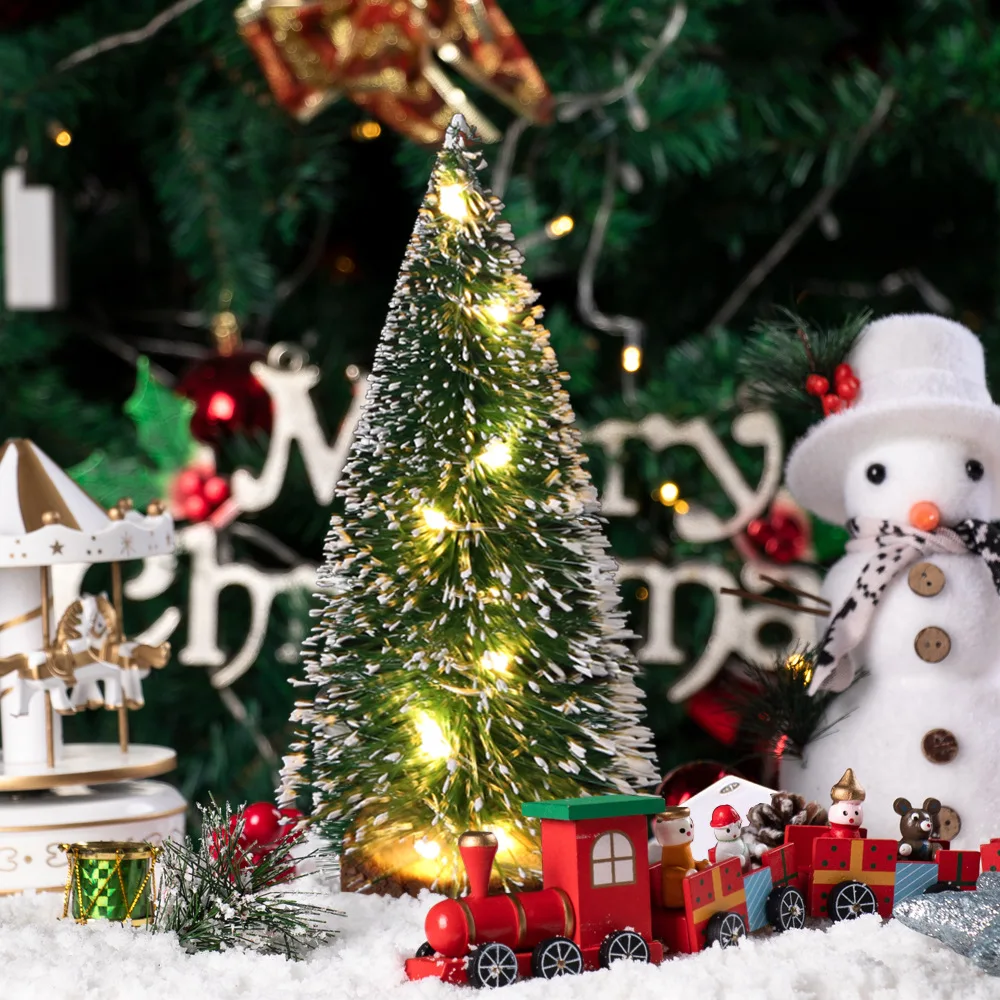 

2pc Mini Christmas Tree New Year Tabletop Decoration Felt Christmas Tree Green Hoarfrost Sideband LED Light Christmas Decoration