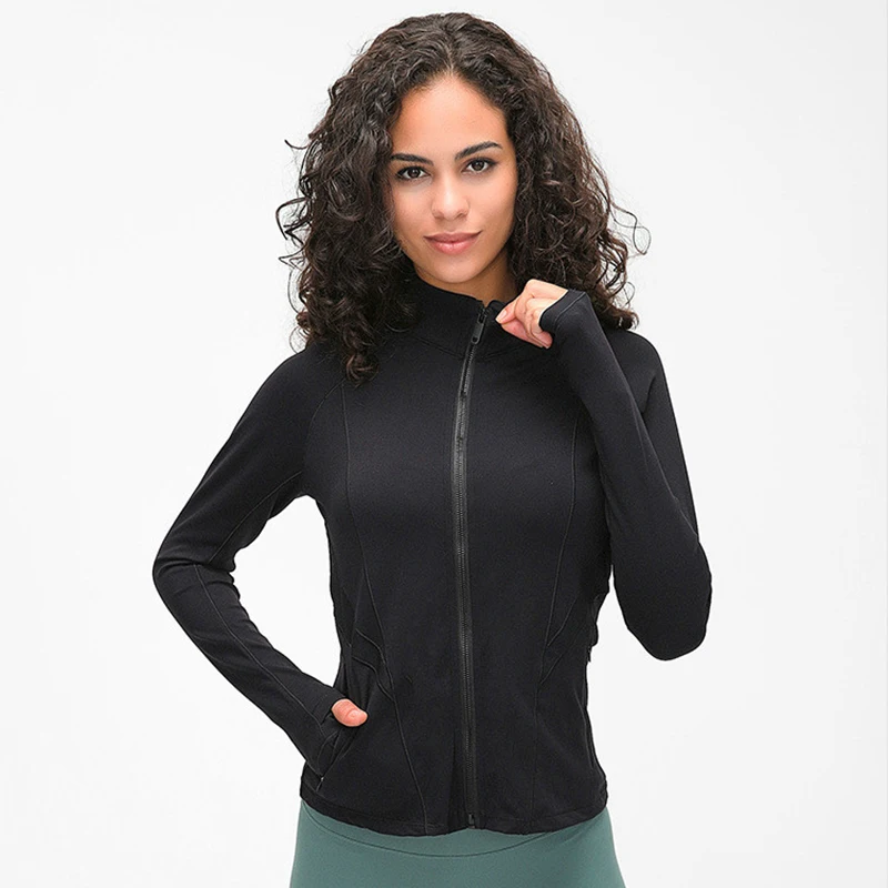 Colorvalue Naked-feel Fabric Slim Fit Yoga Sport Jacket Women Full Zipper Ribbed Gym Fitness Coat with Two Pocket/Thumb Holes