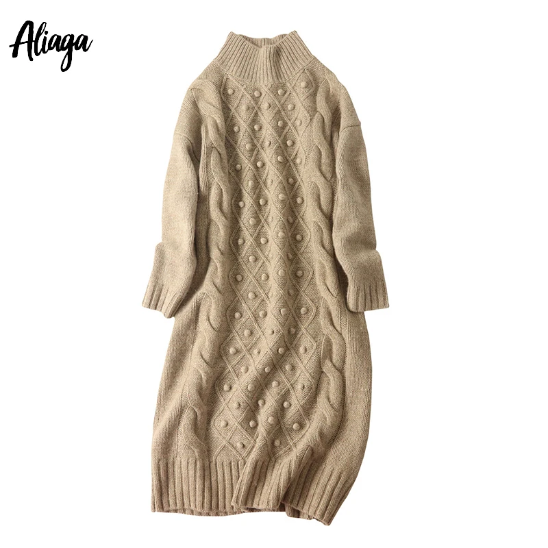 Aliaga зимнее роскошное платье-свитер для женщин кашемировое платье вязанные толстые пуловеры Дамская мода белое платье-пузырь с высоким воротом
