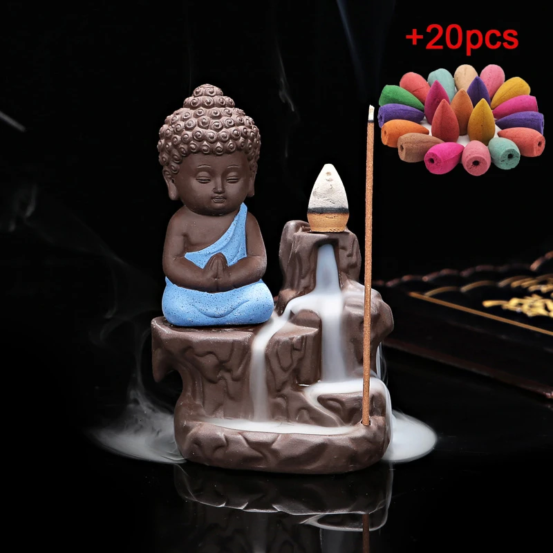 20 шт. благовония конусы+ 1 шт. горелка маленький монах кадило в виде маленького Будды керамический водопад обратного потока благовония горелка держатель домашний декор