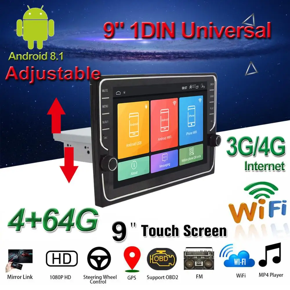 Автомобильный DVD плеер мультимедийный на Android 9 1 с &quotэкраном Wi Fi 4G BT GPS Типоразмер