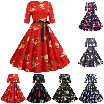 

Christmas Dress Women Vintage Half Sleeve Slim Sashes Christmas 1950s Housewife Evening Party Dress Free Ship платье Z4