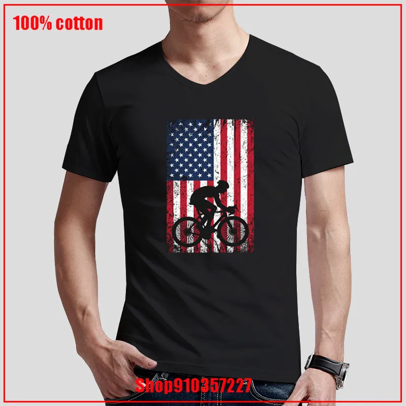Mountain Bike American Flag 4th of July Funny V-neck T Shirt Plus Size Custom Short Sleeve Men's T-shirt Fashion Family Cotton | Мужская