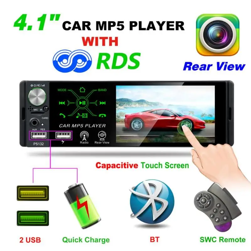 

P5132 4.1 inch 1 Din Capacitive Touch Screen Car In-Dash Stereo Audio Bluetooth AM FM RDS Radio Head Unit MP5 Multimedia Player
