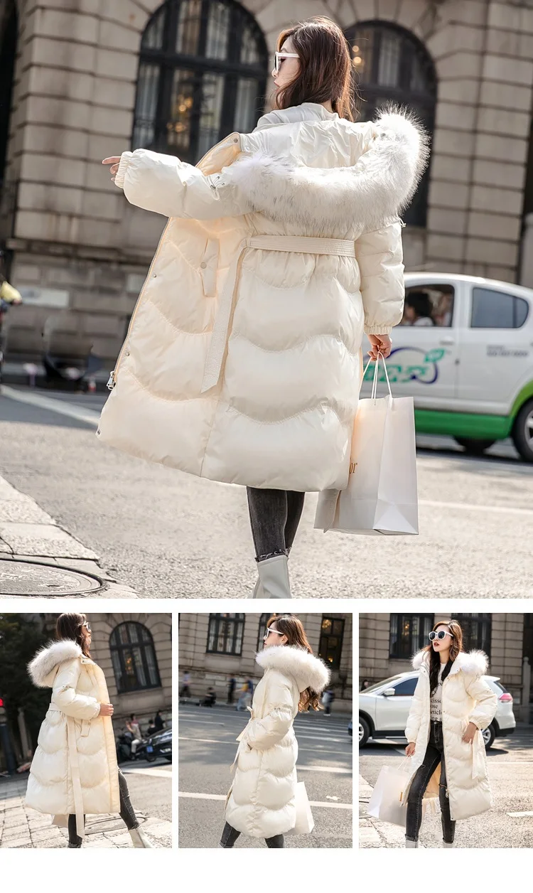 AYUNSUE, женский пуховик,, длинный, зимний, белый, утиный пух, пальто с капюшоном, енот, меховой воротник, корейский пуховик, одежда KJ3535