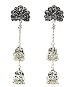 Silver Индийские окисленные серебряные Висячие серьги для женщин Boho Jhumka резной цветок жемчуг бусина Эффектные серьги ювелирные изделия из турецкой турки - Окраска металла: Silver