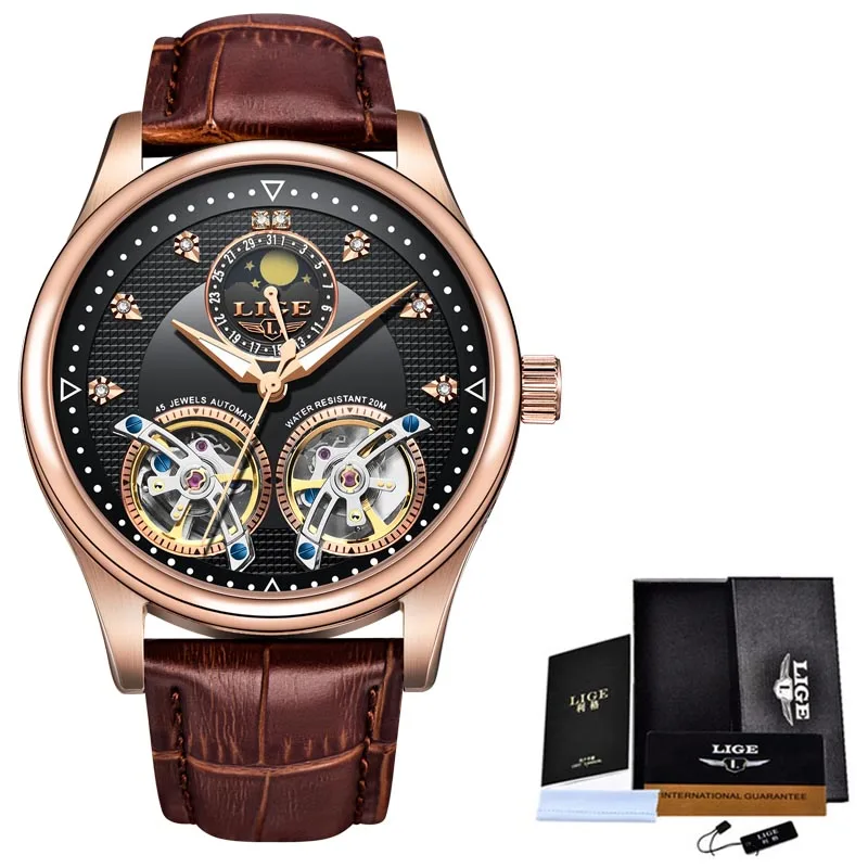 LIGE новые автоматические механические часы мужские Tourbillon спортивные часы модные деловые мужские часы reloj automatico de hombre - Цвет: Rose gold