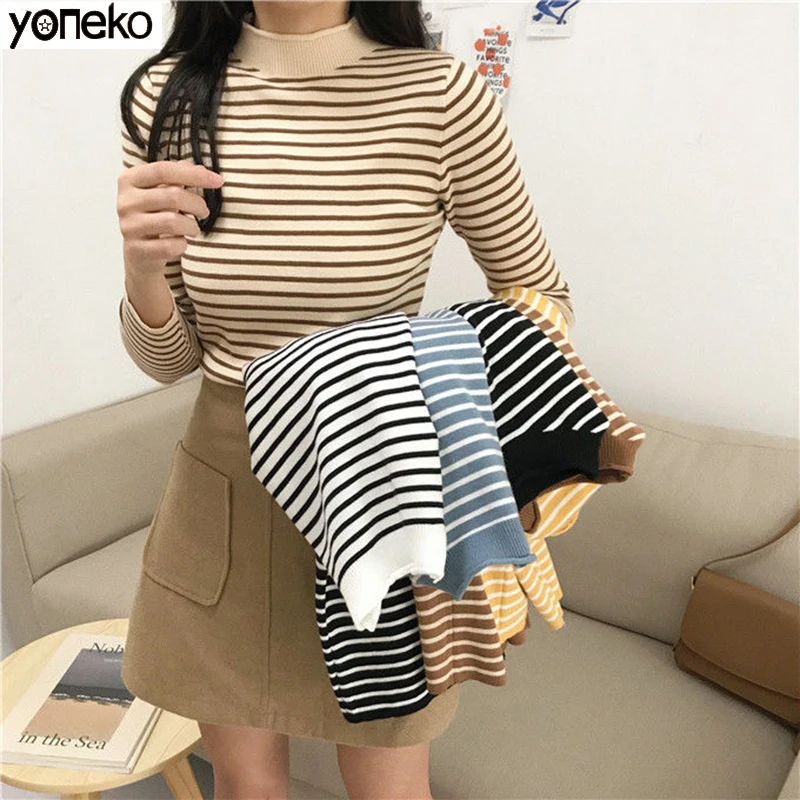 

Yoneko Women Striped Sweaters Fashion Autumn Female Long Sleeve Turtleneck Pullovers 2020 Spring New Style Slim Short Sweaters