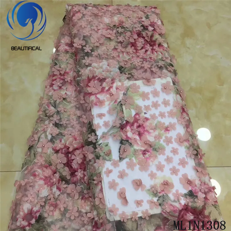 

BEAUTIFICAL African Tulle Lace Fabrics Prints 3d flower lace 5 yards High Quality Wedding Dress Tulle Mesh Lace ML1N1308